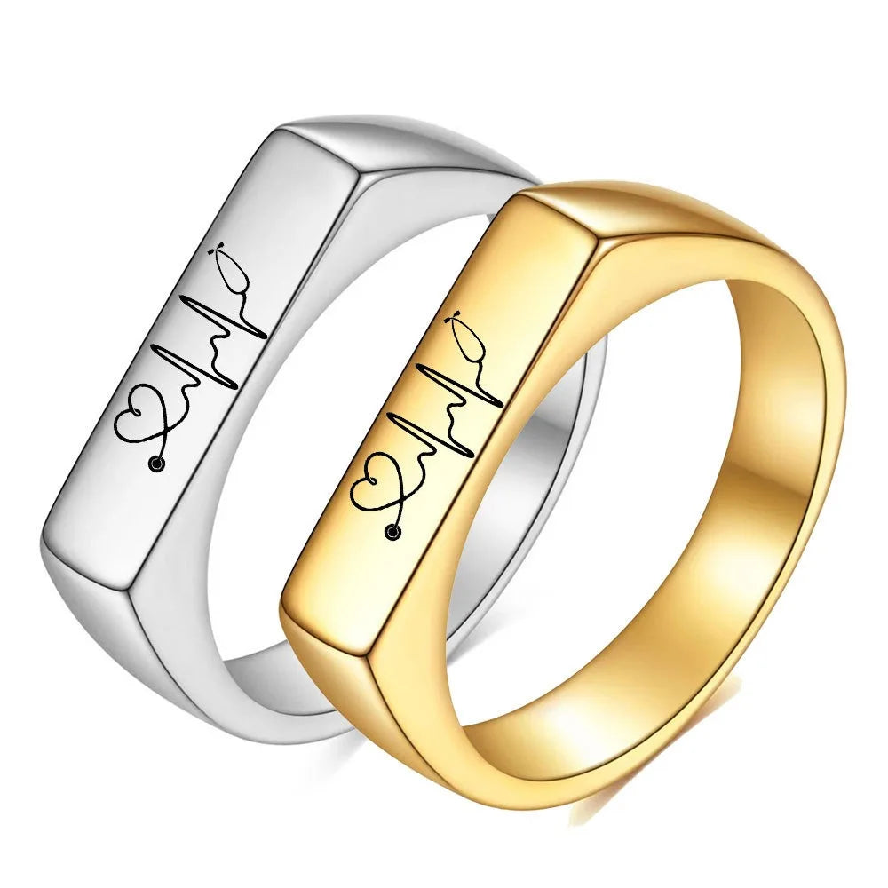 Nabest Personalized Customized Name Couples Ring Stainless Steel 18k Gold Plated Engraved Stethoscope Ring