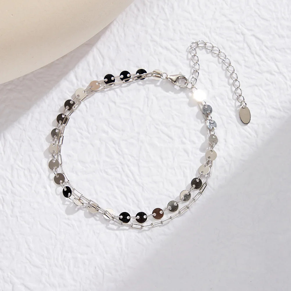 RINNTIN SB199 Fashion Jewelry Bracelet Adjustable Flat Disc Beaded Double Layer Bracelet 925 Sterling Silver Paperclip Bracelet