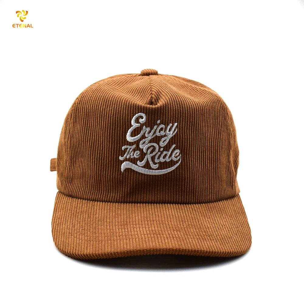Custom 5 Panel Low Profile Brown Corduroy Unstructured Rope Snapback Caps Hat Hand Embroidered Dot Pattern on Oxford Fabric