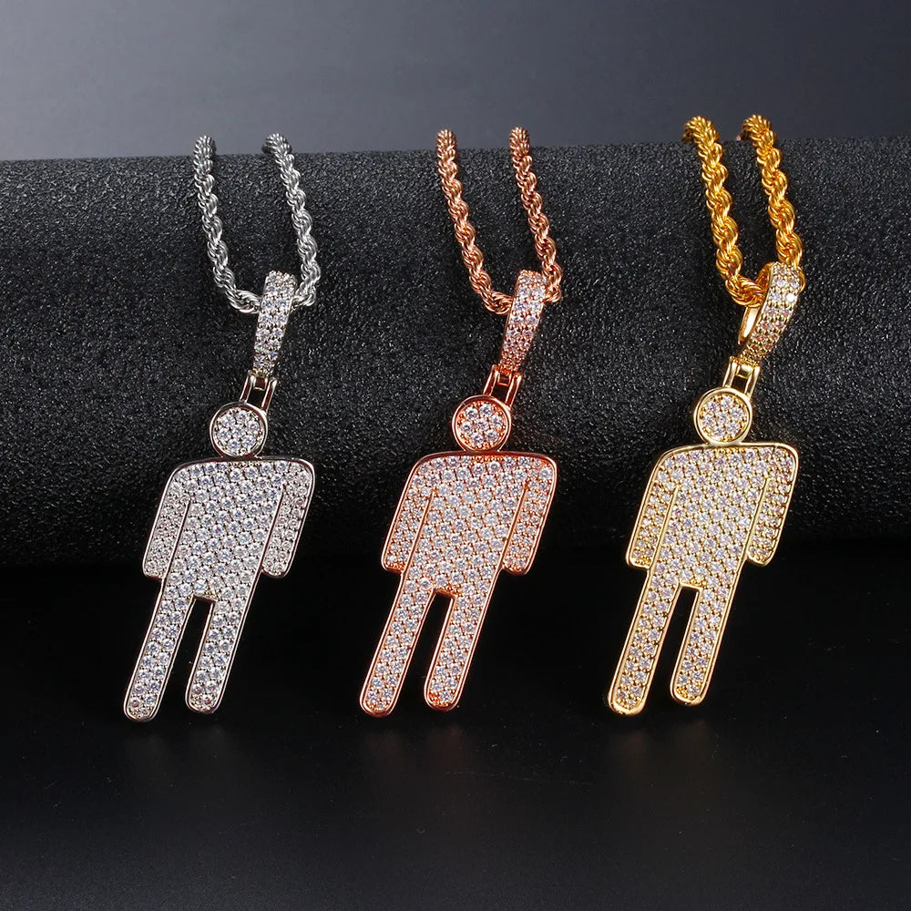 New Gold Plated Rope Chain Necklace Iced Out Rhinestone Paved Billie Eilish Cartoon Human Pendant Necklace for Jewelry Hipsters