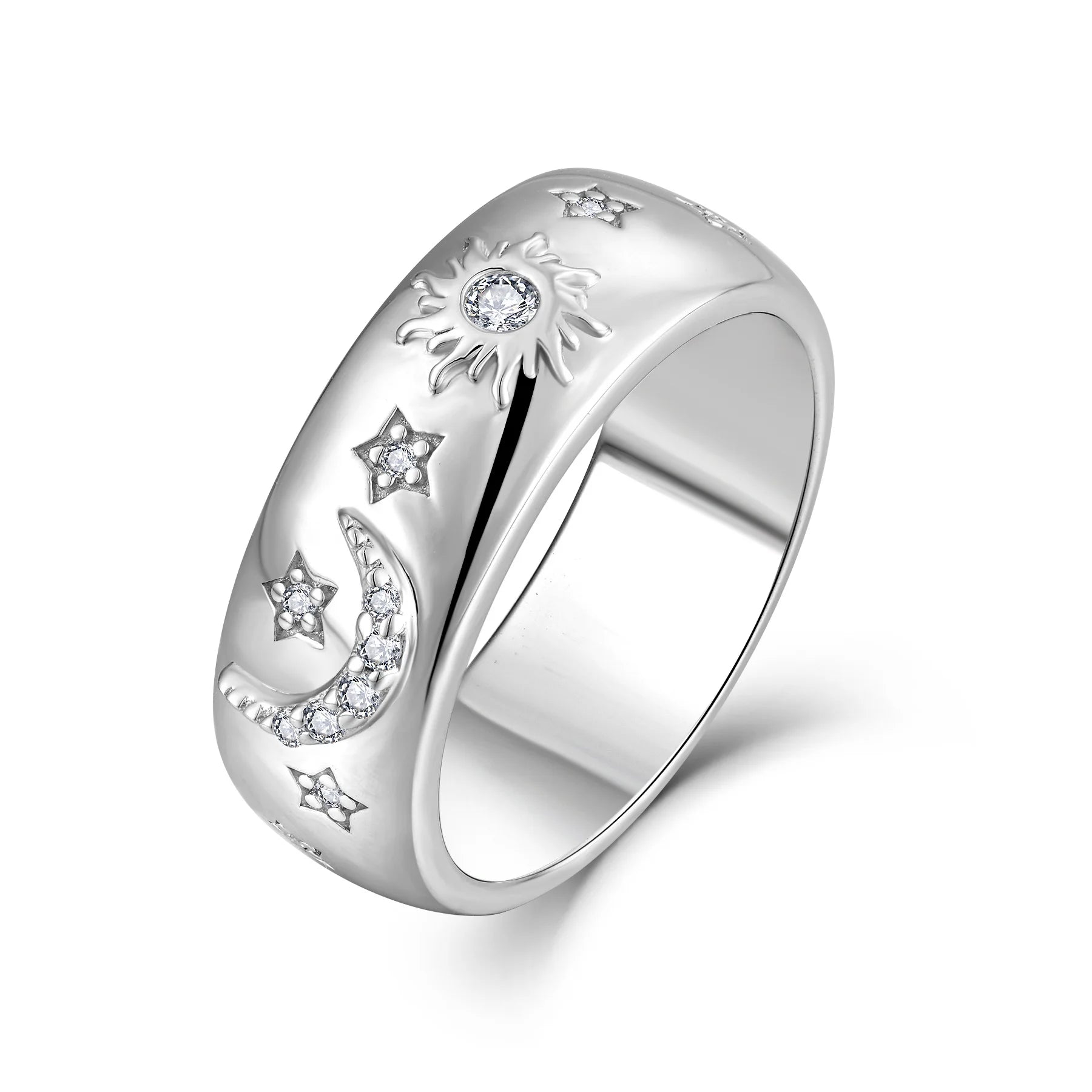 QX Wide Band Fine Jewelry Silver Rings 925 Sterling Silver Sun Moon Star Design Wedding Engagement Ring for Women Men