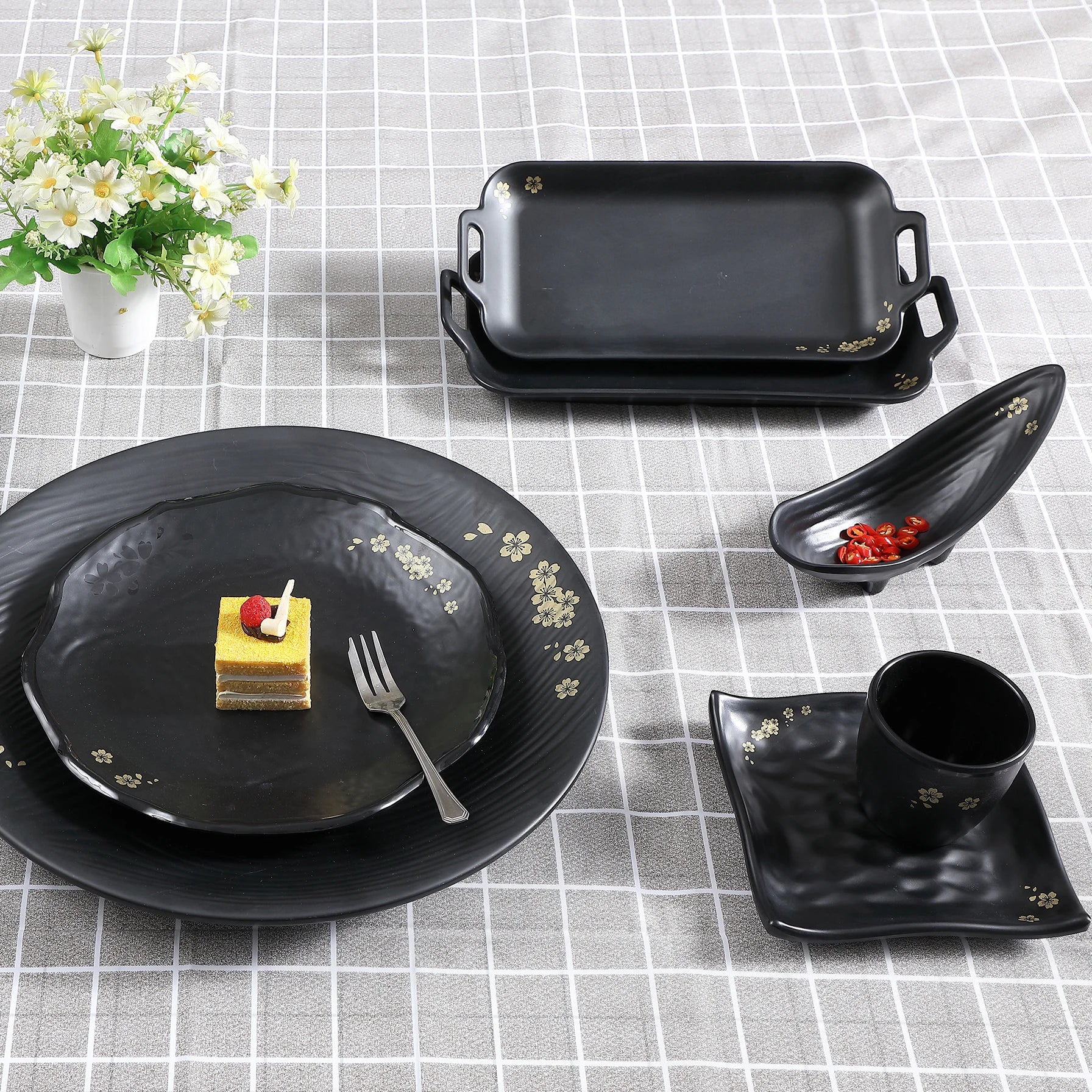 Japanese Modern Design 100% Melamine Black Oval Boat Plate Dish for Sushi Camping