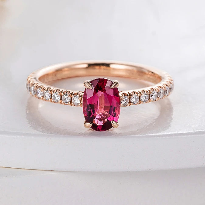 Simple Natural Pink Tourmaline Fashion Jewelry Oval Wedding Promise Diamond Ring Real 18k Gold Promise Ring for Women Jewelry