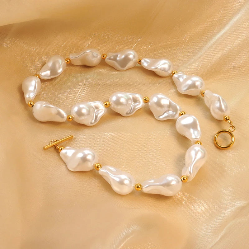 G3813 Wholesale Stainless Steel Baroque Pearl Necklace Choker Vintage OT Clasp Big Pearl Necklace for Women Fashion Jewelry