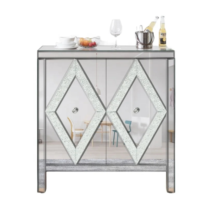 Diamond Shape Wood Panel Sideboard Storage Cabinet Glass Mirror Trim Free Shipping U.S. Home Furniture Living Room Entry