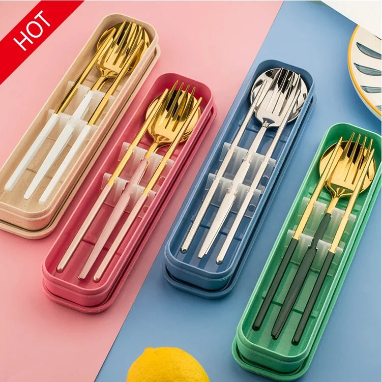 Picnic Portable Portugal Stainless Steel White Gold Cutlery Flatware Set with Colored Handle in Boxes