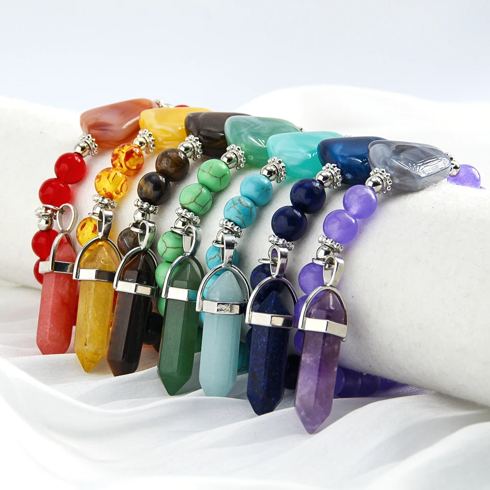 New Retro Bohemian 8mm Colorful Natural Stone Beaded Elastic Bracelet Triangle Hexagonal Pendant 7 Chakra 7pcs Bracelet Set