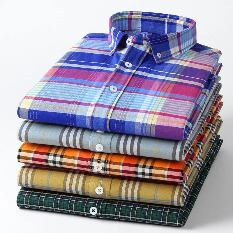 RNSHANGER New Men Cotton Shirts Spring Plaid Printed Long Sleeve Shirts for Men Fashion Breathable Business Work Male Soft Shirt