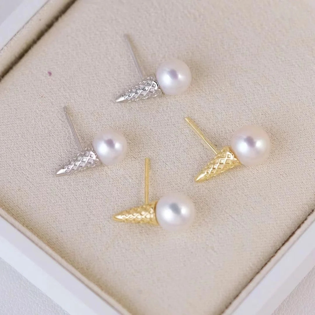 E2283 7-8mm DIY Natural Freshwater Pearl Charm Earrings Mounting Accessory 925 Sterling Silver Gold Plated  Jewelry for Women