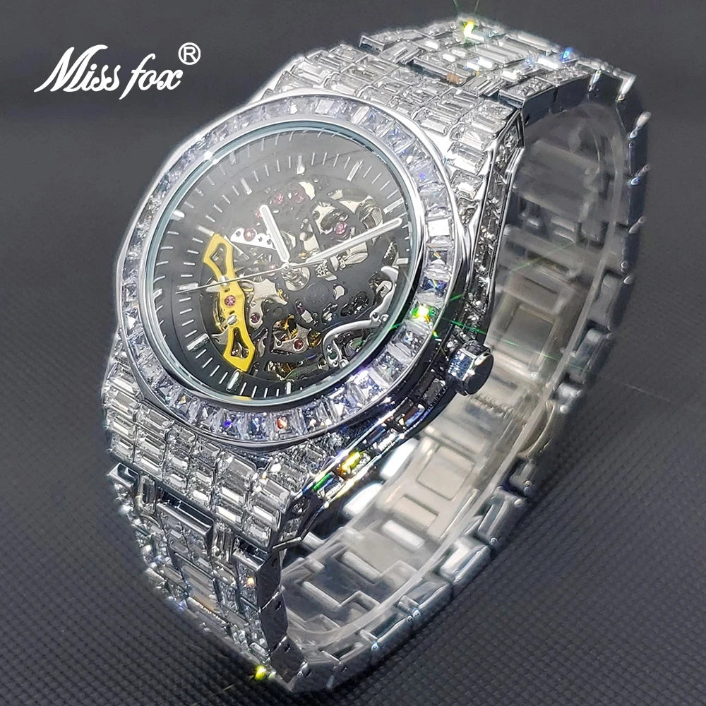 MISSFOX V309 Hip Hop Mechanical Men Watch Luxury Full Diamond Skeleton Clock Waterproof Tourbillon Automatic Watches 2021 New