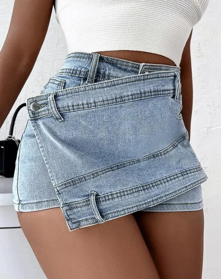 2023 Women Hot Sale Fashion Plus Size Washed Mini High Waist Irregular Jean Shorts