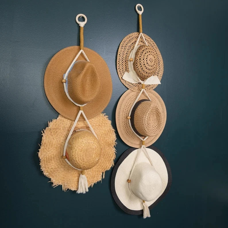 2025 New Customized Macrame Boho Double Hat Hanger with Wood Beads  W1460