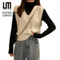 Liu Ming Vintage Spring Autumn New Style Women V Neck Loose Cotton Short Knit Sweater Vest