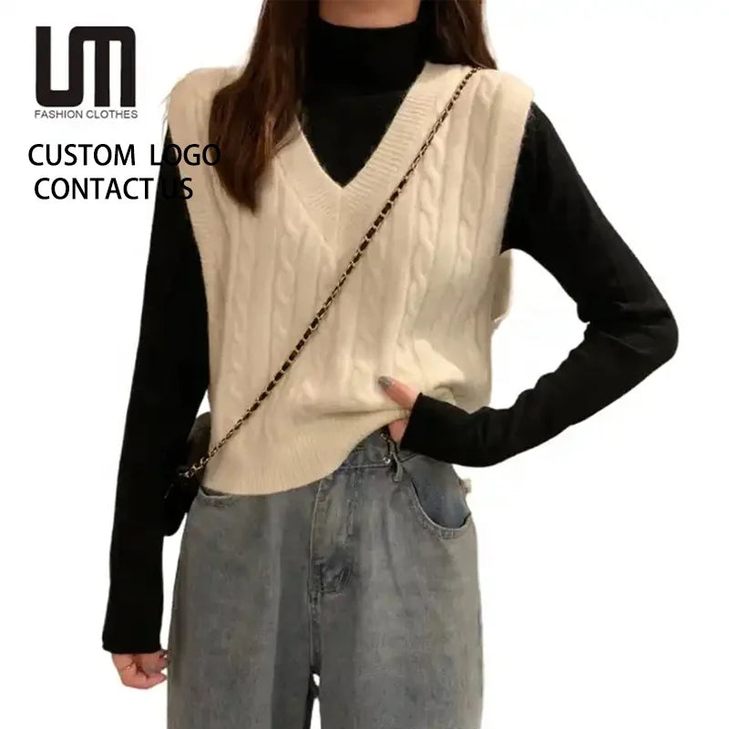 Liu Ming Vintage Spring Autumn New Style Women V Neck Loose Cotton Short Knit Sweater Vest