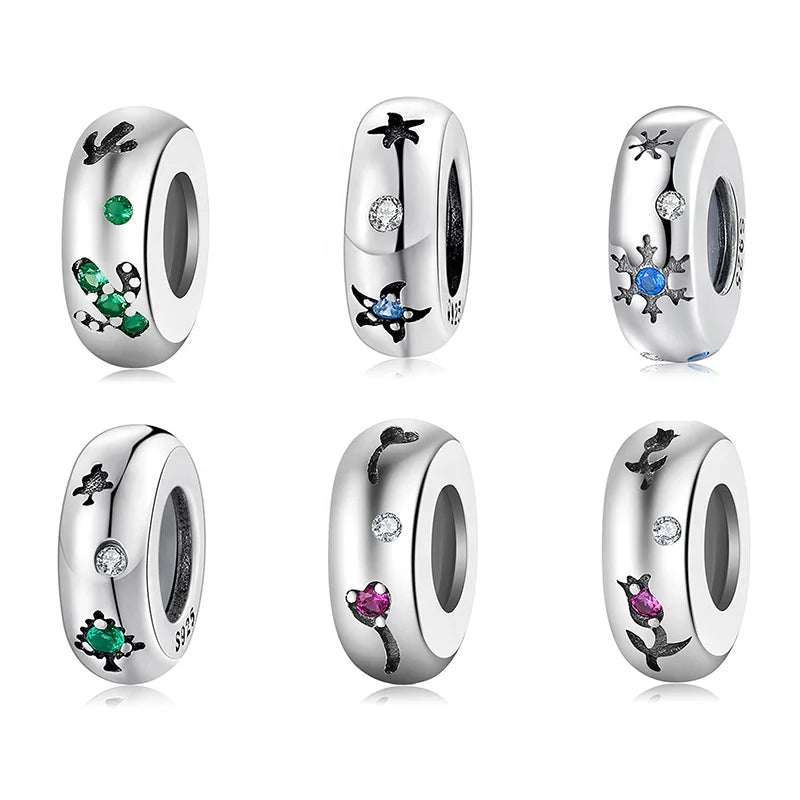 Real 925 Sterling Silver Green Christmas Tree CZ Charms Spacer Stopper Beads Fit Charms Bracelet Beads Jewelry Making Hot Sale