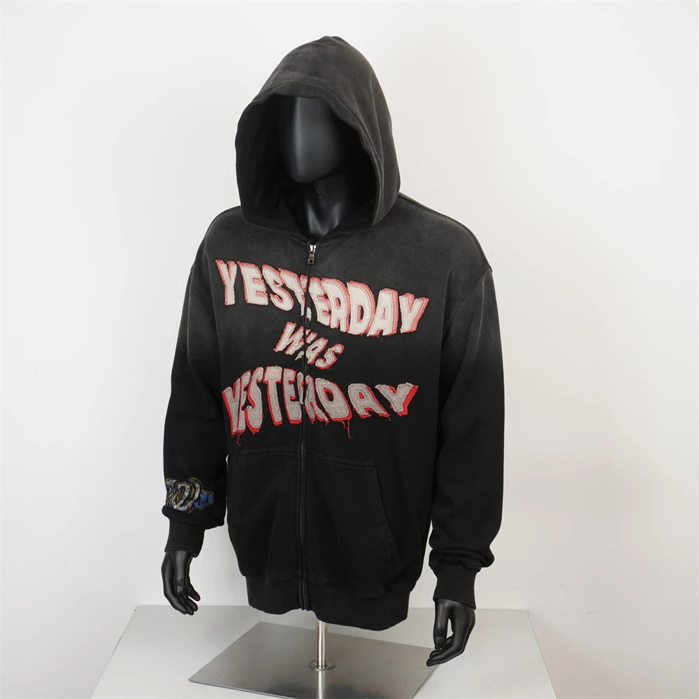 TOPSHOW Custom Applique Gradient Faded Hoodie Heavy Logo Oversized Acid Wash Embroidered Men's Zip up Hoodies