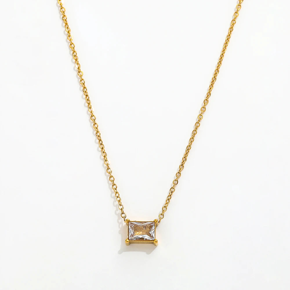 Joolim 18K Gold Plated Jewelry Square Zirconia Pendant Dainty Chain Necklace Stainless Steel Jewelry