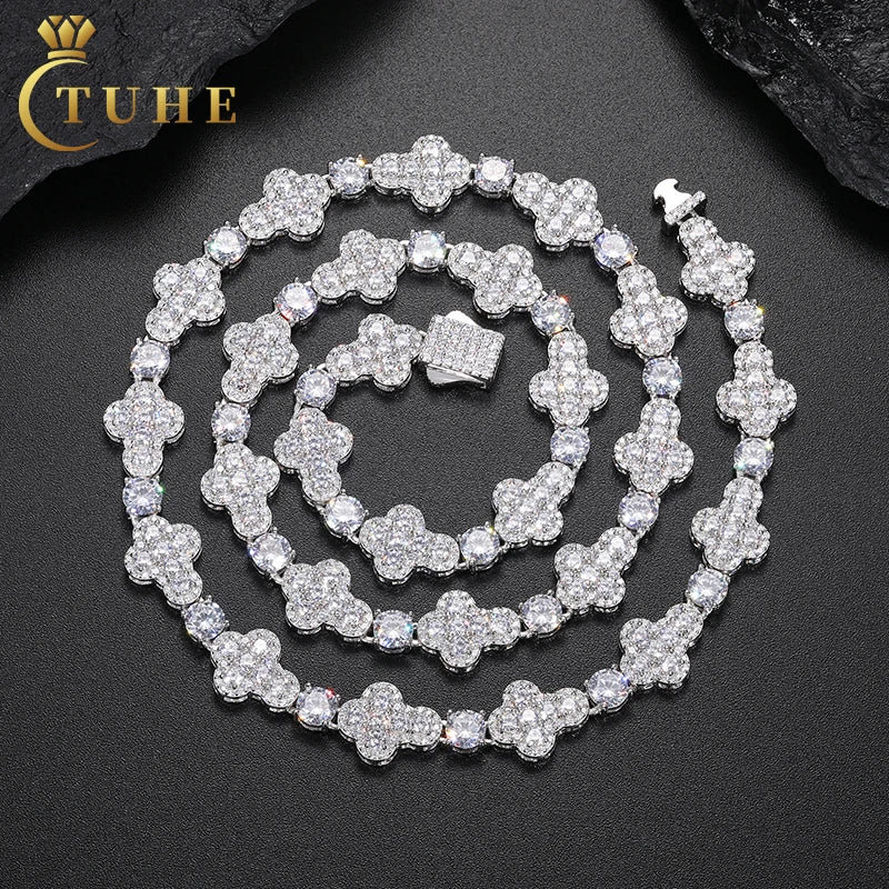 Iced Out Cross Design 10mm Vvs Moissanite White Gold Plated 925 Silver Tennis Chain Necklace Rapper Hip Hop Jewelry