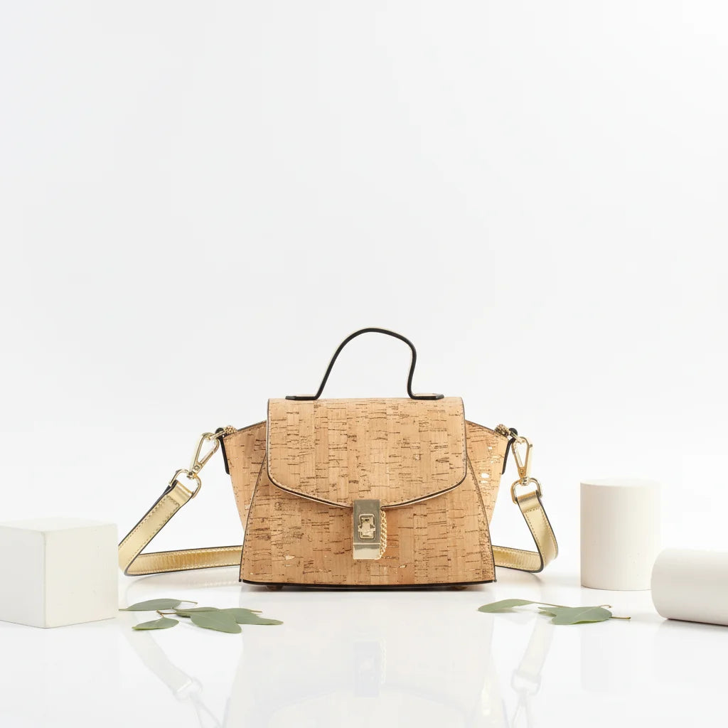 Women's Eco-friendly Natural Cork Tote Bag Crossbody Purse Zipper Closure Durable Waterproof Chains Solid Color Polyester Lining