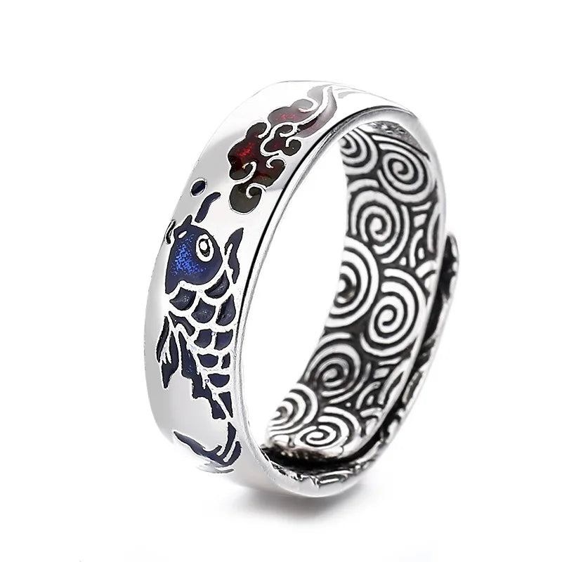 Retro Punk Lucky Resizable Brass Rings Religious Jewelry Vintage Cloisonne Enamel Carp Amulet Ring for Women