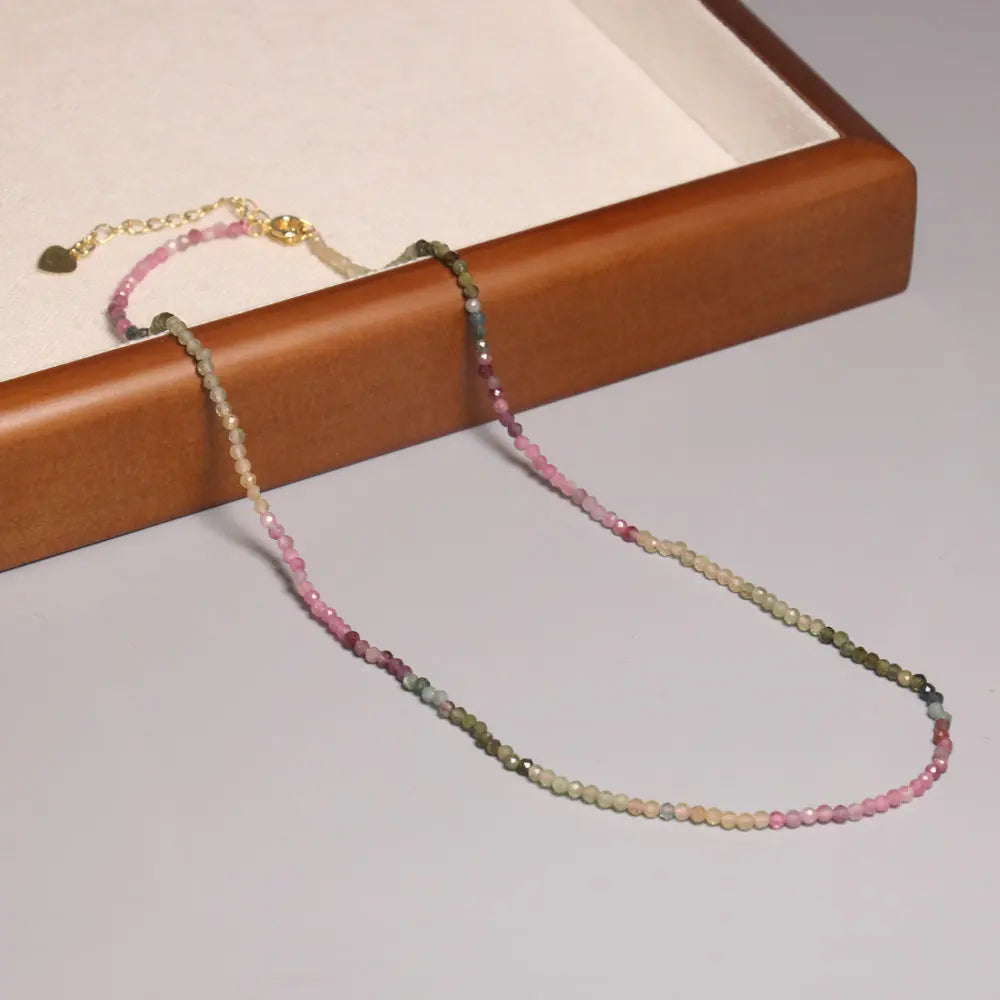 Healing Natural Stone Necklace Faceted Rainbow Tourmaline Beaded Clavicle Necklace Brass Chain Jewelry for Girl Anniversary Gift