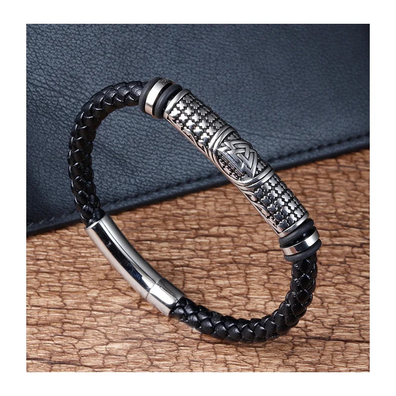 Retro Men Stainless Steel Accessories Viking Braided Genuine Leather Bracelet Jewelry Stylish Versalite Silver Bracelet OT-163