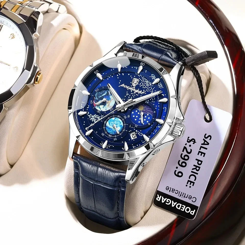 POEDAGAR 916 Fashion Men's Watch Luxury Genuine Leather Quartz Watches Sports Waterproof Multifunction Men's Luminous Wristwatch