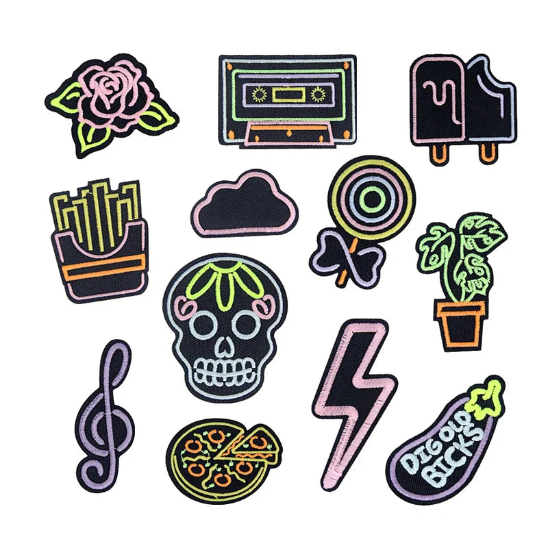 Custom Concise Style  Iron on Embroidered Night Glow Skull Flower Music Note Lighting Patches Applique