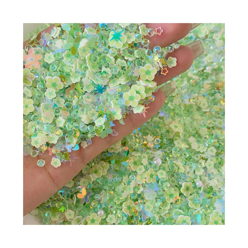 500g Green Color Themed Sprinkles Daisy Flowers Shells Rhinestones Star Cherry Random Mix Polymer Clay Slice for Jewelry Making