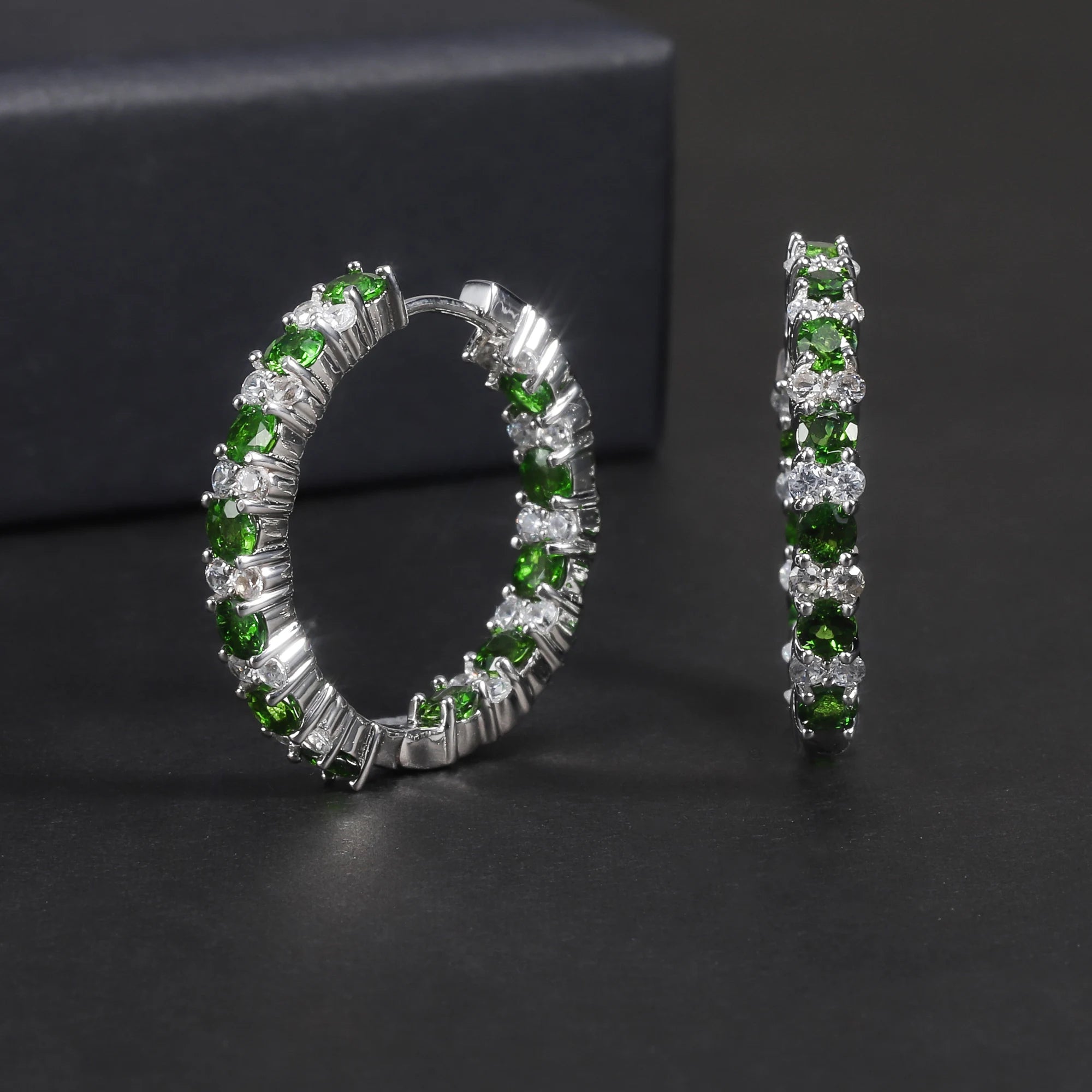RZ0006 Abiding Fine Jewelry Round Green Natural Chrome Diopside Gemstone Bling Large 925 Sterling Silver Trendy Hoop Earrings