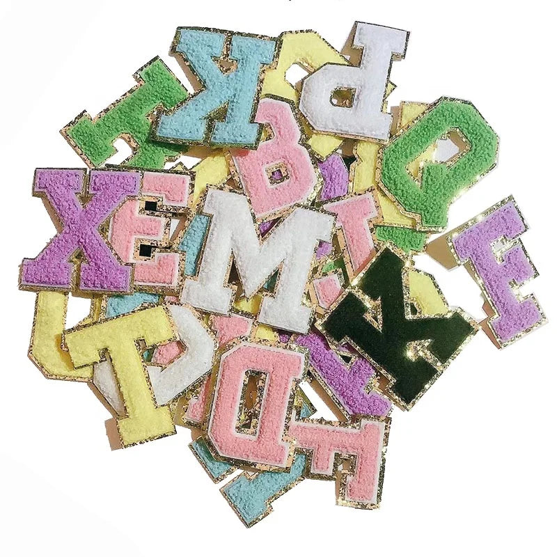 Hot Sale Gold Glitter Edge Luxury Embroidery Iron on Patch 8 cm University Alphabet Letters a to Z  Felt Applique Chenille Patch