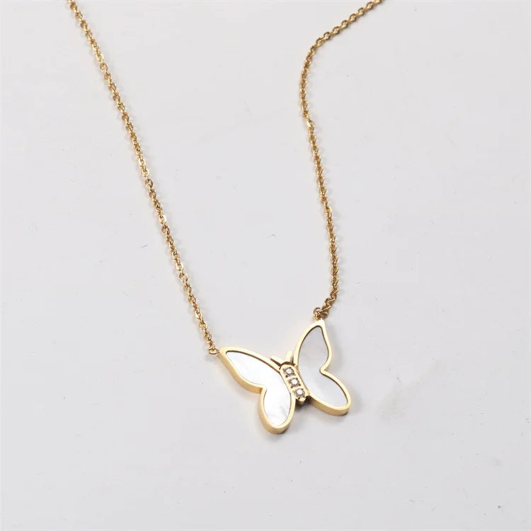 Popular Women's Butterfly Shell Zircon Pendant Necklace 18k Gold Plated Stainless Steel Link Chain Wedding Party Gift