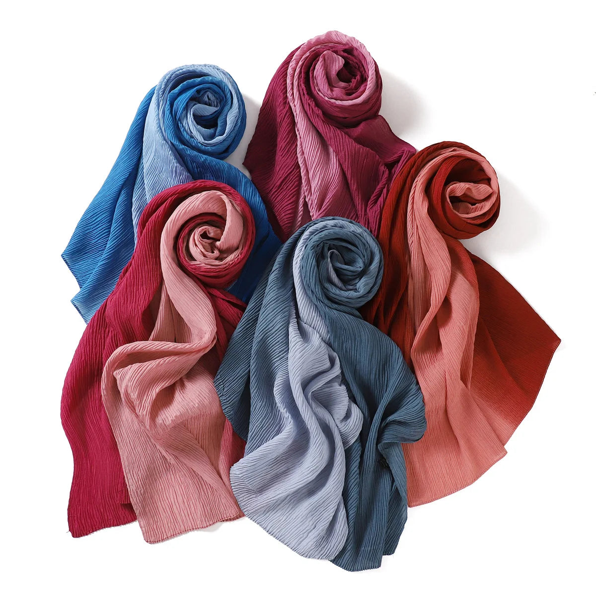 Fashion Gradient Colour Crinkle Pleated Polyester Chiffon Scarf Malaysia Ombre Pleat Chiffon Ready Hijab Head Scarf