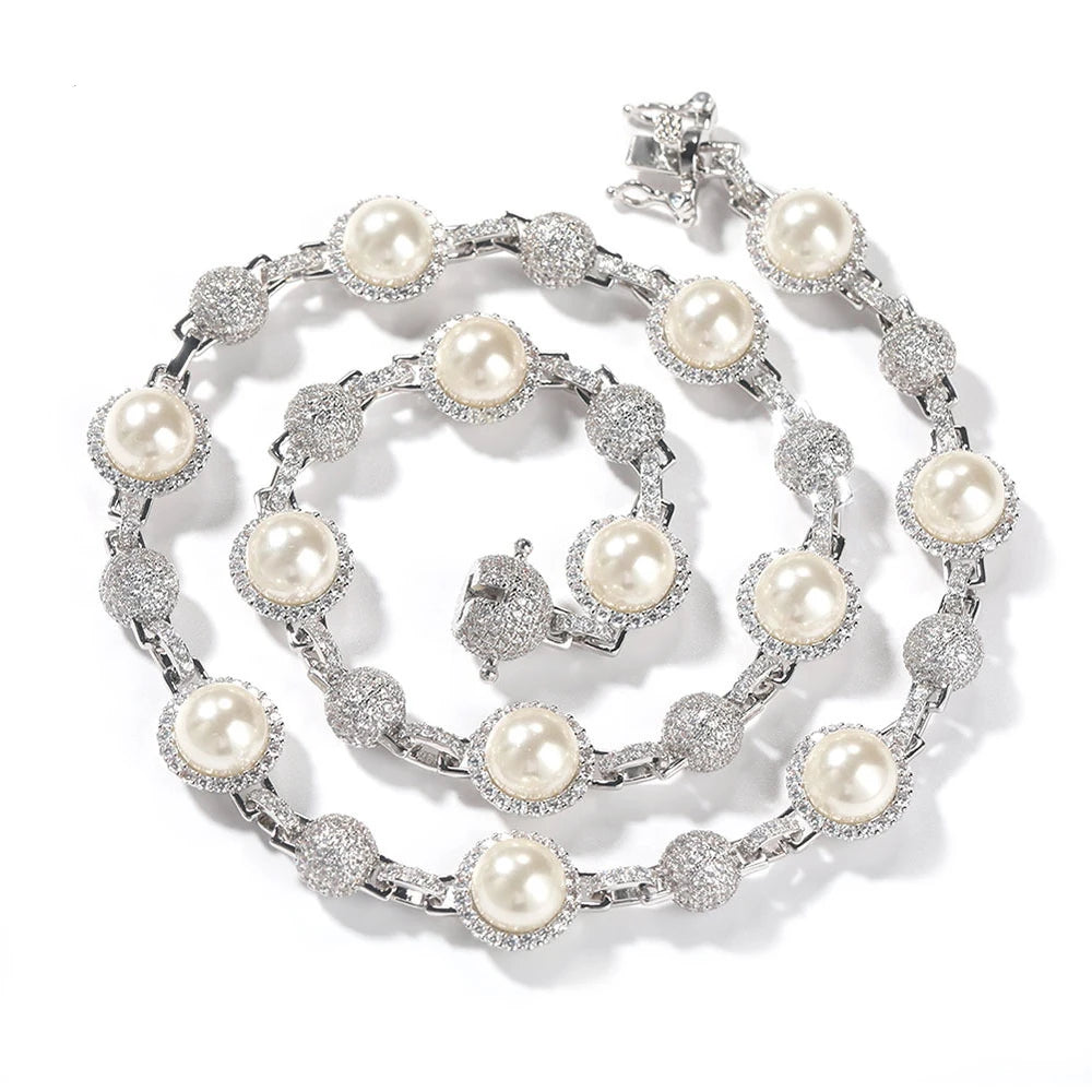 Trendy Europe and America Brass Cubic Zirconia Ball Beaded Shell Pearl Chain Fashion Jewelry Choker Necklace for Women Men