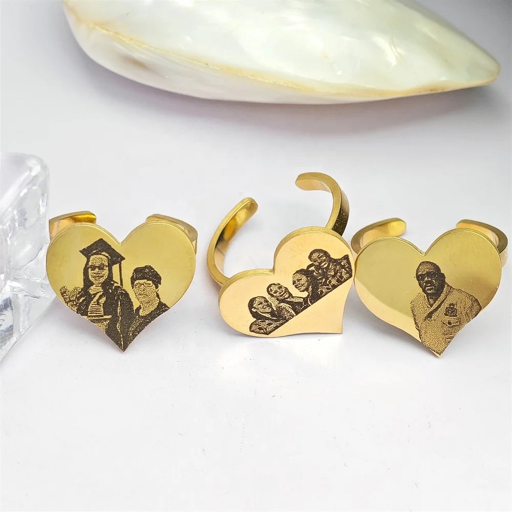 18k Pvd Gold Plated Stainless Steel Jewelry Picture Engraved Custom Heart Ring