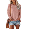 Casual Loose Solid Color Round Neck Pockets Slit Long Sleeves Women's T-shirts