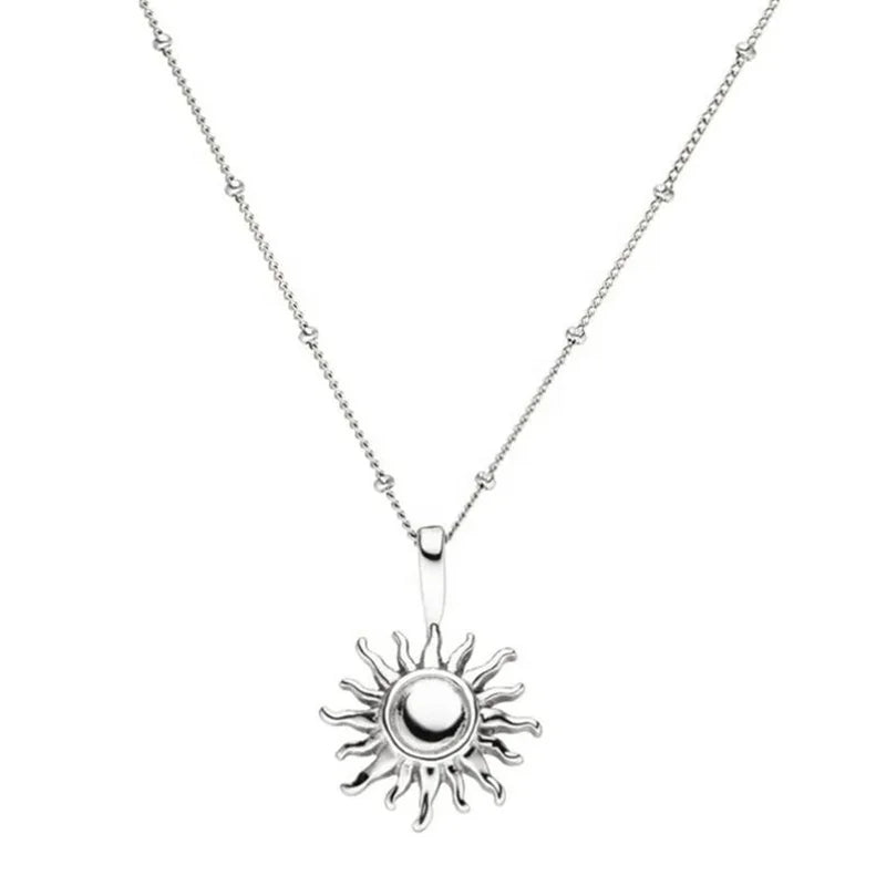 Gold Plated Stainless Steel Sun Flower Necklace with Zircon Classic Bead Chain Geometric Design Valentine's Day Jewelry Gift