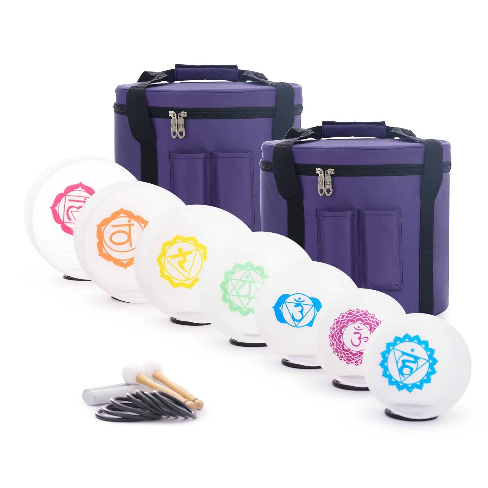 Perfect Pitch 8" -14" 7pcs Base Chakra Pattern Set Frosted Quartz Crystal Singing Bowl with Free Carry Bags