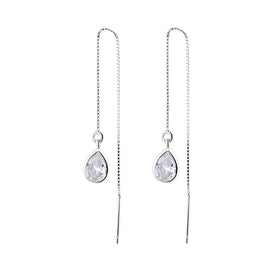 Diamond White CZ Tear Drop Threader Earrings Long Sterling Silver 925 Chain Tassel Tear Hanging Earrings