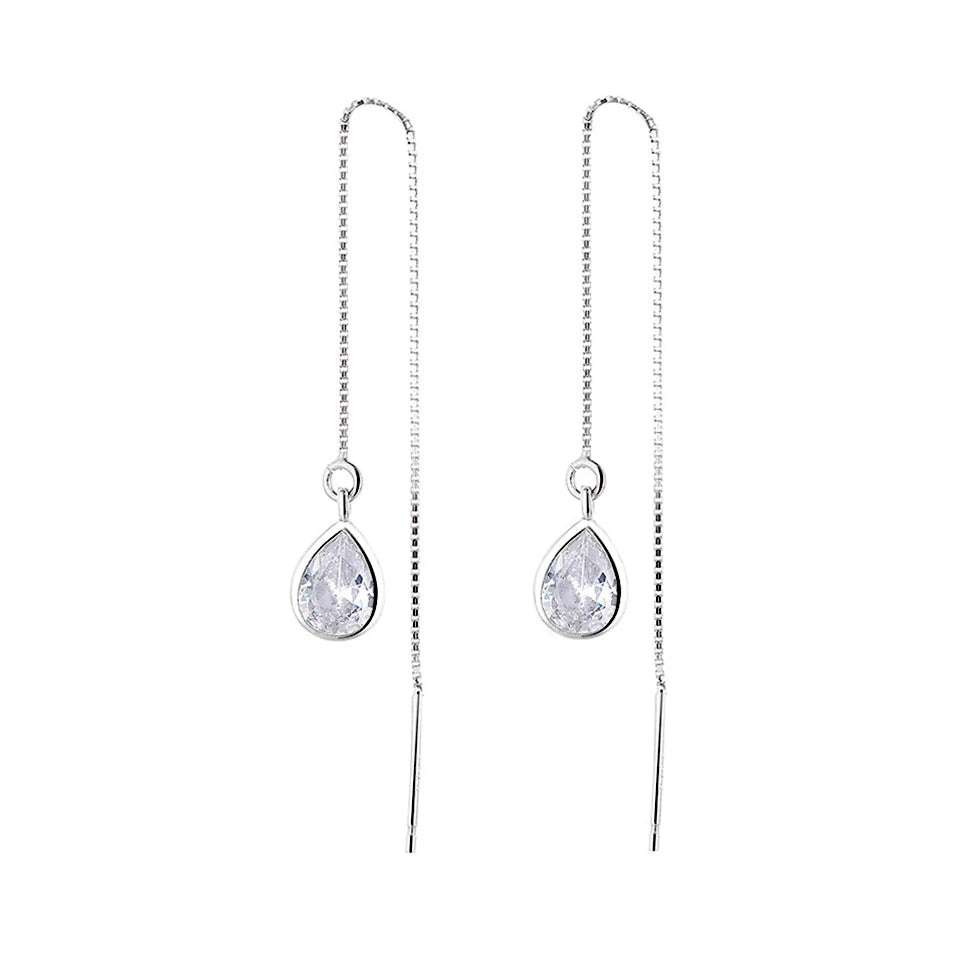 Diamond White CZ Tear Drop Threader Earrings Long Sterling Silver 925 Chain Tassel Tear Hanging Earrings MegaBDM