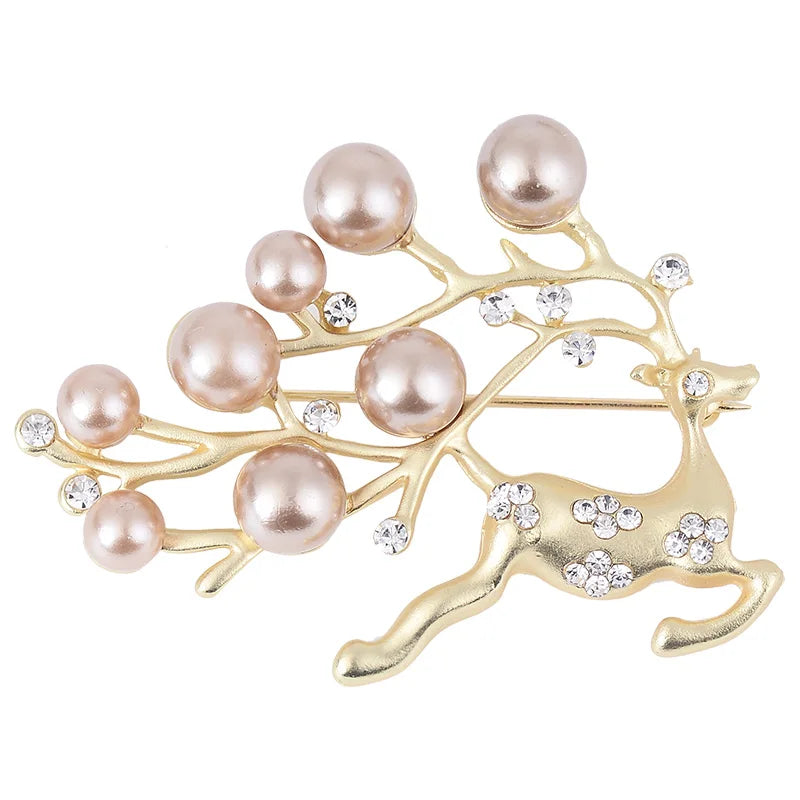 Creative Silver Plated Rhinestone Crystal Fawn Brooch Pin Vintage Pearl Deer Elk Brooches Accessories for Christmas