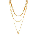 PVD 18K Gold Plated Stainless Steel Triple Layers Figaro Cadenas Natural Freshwater Pearl Heart Necklace
