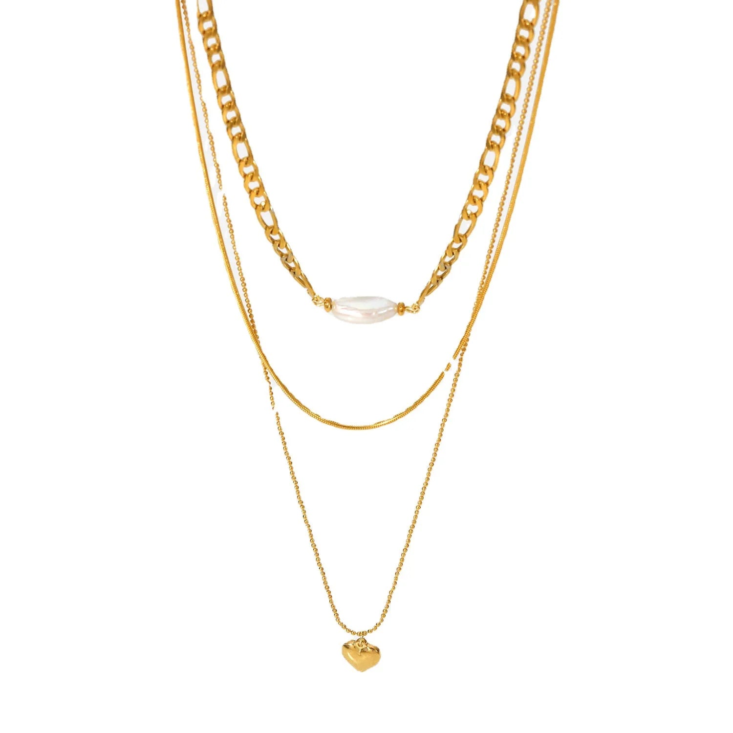 PVD 18K Gold Plated Stainless Steel Triple Layers Figaro Cadenas Natural Freshwater Pearl Heart Necklace