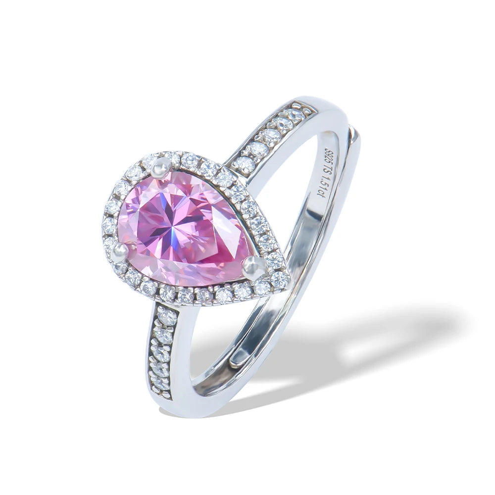 Luxury Style 925 Sterling Silver Fine Jewelry Pink 1.5ct Pear Cut Moissanite Diamond Adjustable Size Engagement Ring for Lady