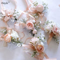 Pink Floral Wrist Corsage Bracelets Ribbon Rose Bridesmaid Groom Hand Flowers Wedding Marriage Prom Accessories HS476