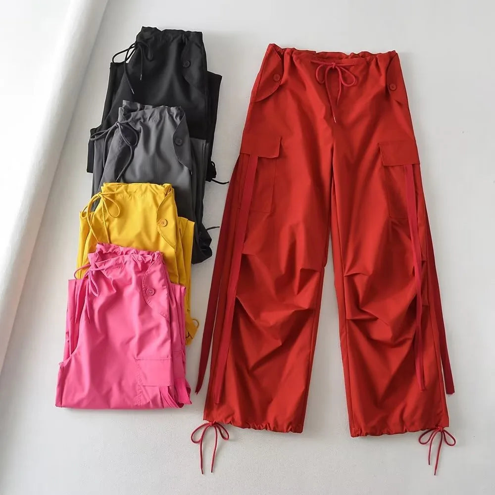Women Casual Drawstring Waist Waterproof Lightweight Cargo Pants With Pockets