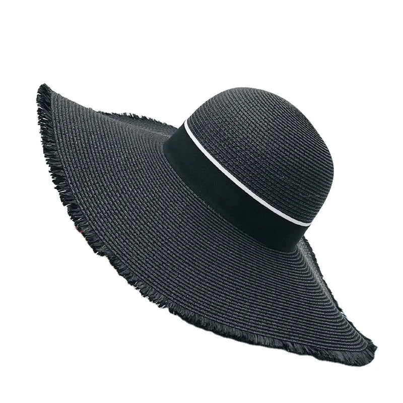 Womens Packable Black Straw Fedora Panama Sun Beach Derby Floppy Wide Brim Beach Sun Hat Ladies Summer Hats