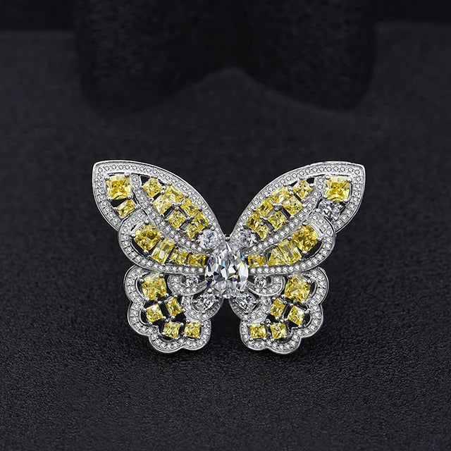 925 Sterling Silver  butterfly Finger Rings Rhodium Plated Yellow Moissanite Butterfly Ring