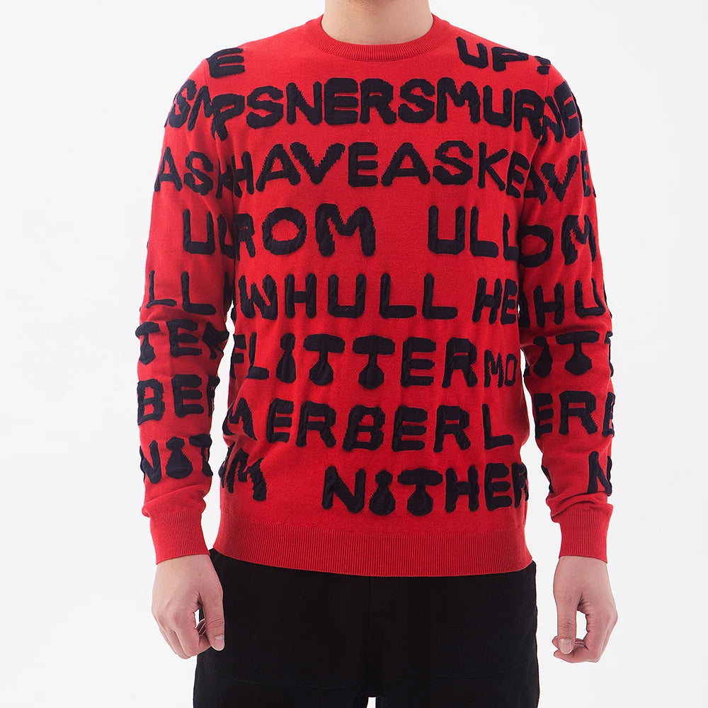 OEM Fashionable Men Letterman Jacquard Knit Pullover Jumper Cotton Crew Neck Sweater for Male Autumn Winter Men Knitwear