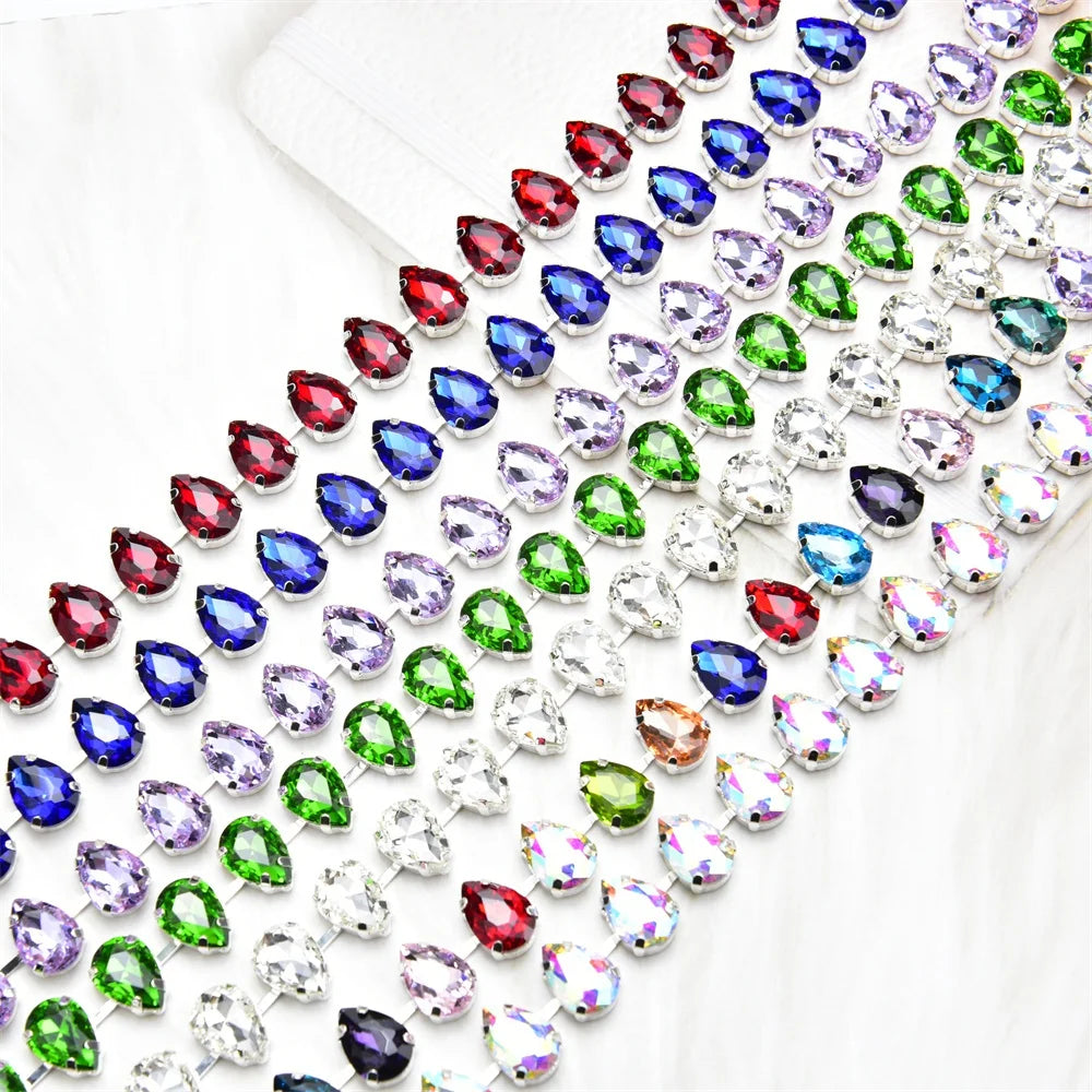 10*14mm Glass Waterdrop Rhinestone Cup Chain Trimmings Silver Base Crystal Applique Ribbon Diy Clothes Belt Jewelry Accessories